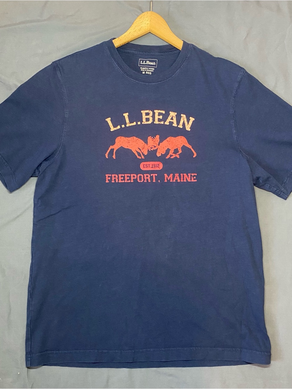 L.L. Bean Men’s Medium Graphic T Shirt Blue Moose Logo Freeport Maine Outdoor